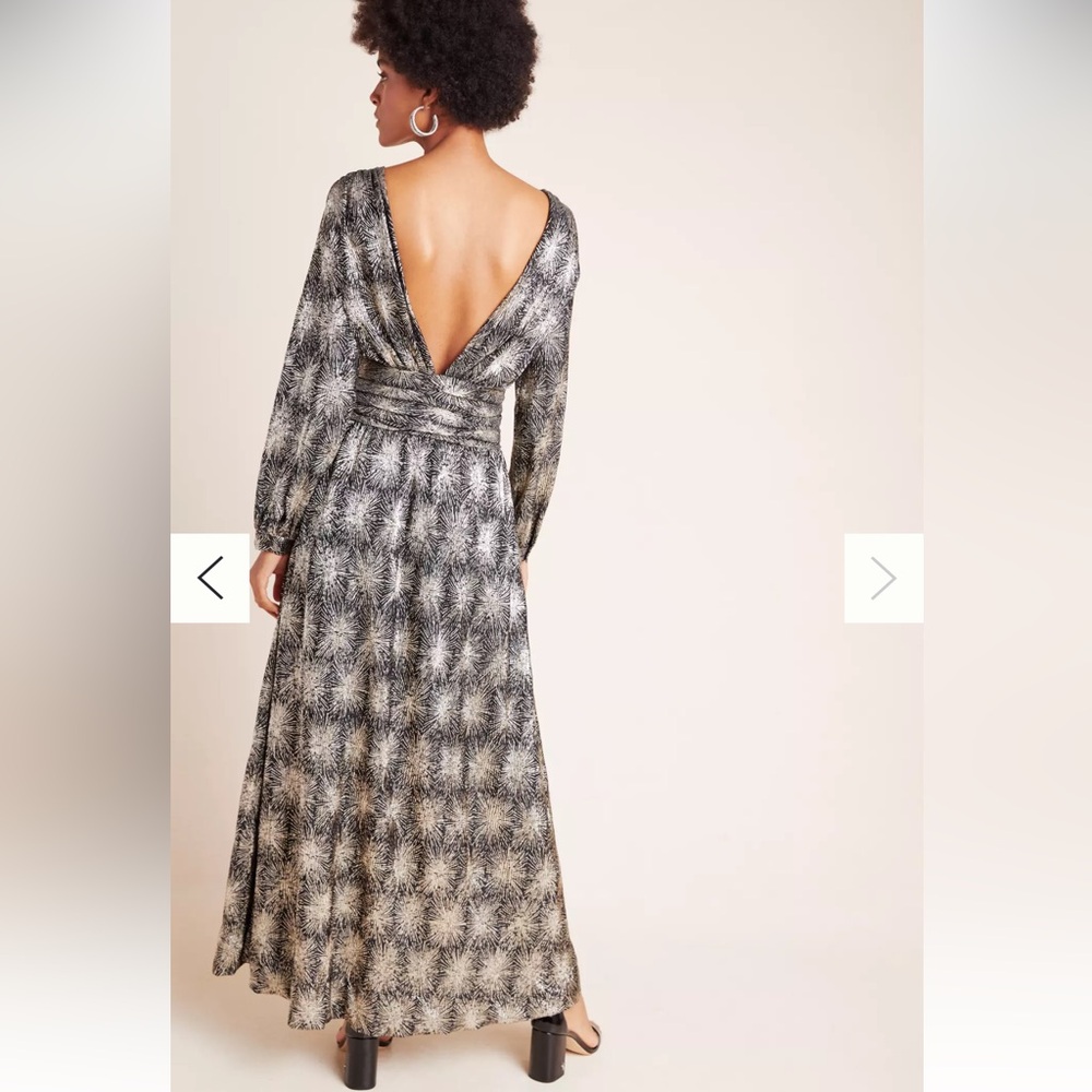 Antik Batik Vee Back Black Metallic‎ gold Maxi dress Flowy size m Anthropologie